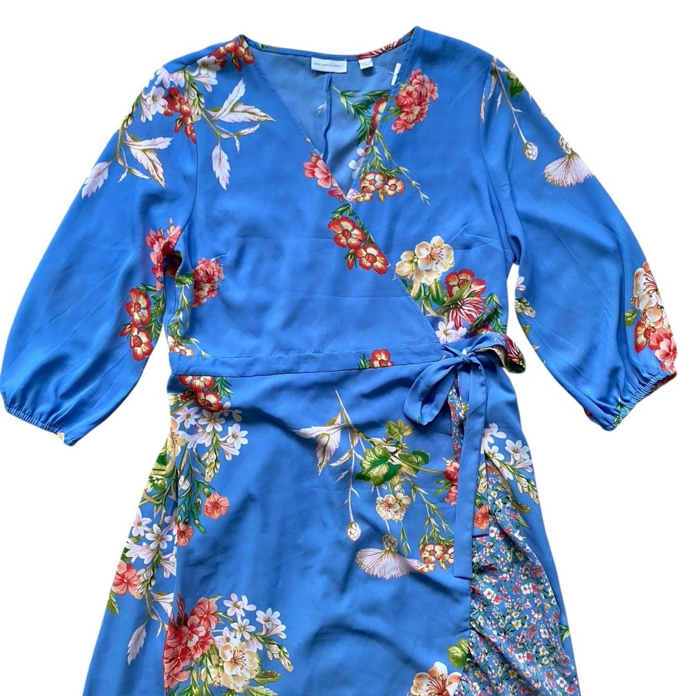 Wrap High Low Floral Dress Size L Blue Ruffled Romantic Cottage Feminine - Picture 4 of 12